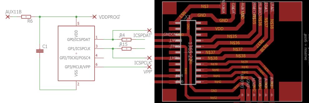 Een schermafdruk met een electronicaschema van een microcontroller en de pint-layout voor een electronicaprint