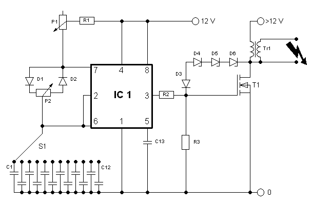 Schema van een pulsgenerator voor auto-ontstekingsspoelen en flyback-transformators