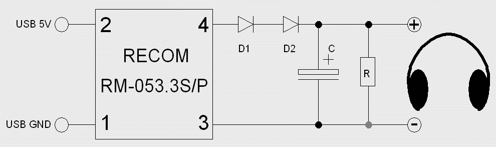 Een elektronicaschema van diodes, een elco, weerstand en een Recom RM-053.3S/P converter