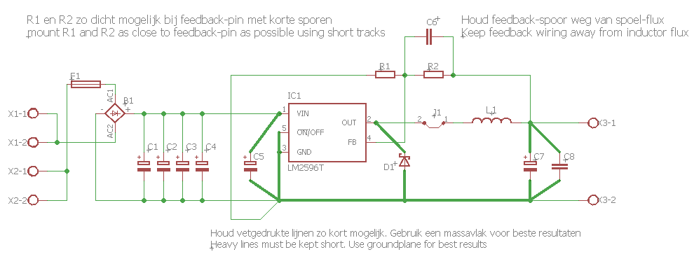 Het elektrische schema van een voeding met LM2596-ADJ regelaar