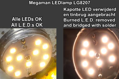 Geopende LEDlampen Megaman LG8207 met alle LEDs werkend en 1 defect exemplaar verwijderd en overbrugt, in brandende toestand