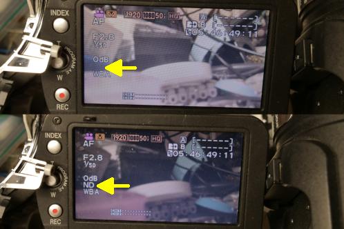 Een LCD-scherm met beeld van een videocamera, met uit- en ingeschakeld ND-filter op een JVC-GY-HM100