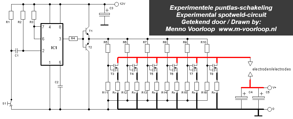 Het elektronische schema van een puntlasser op basis van een 555 geschakeld als one-shot