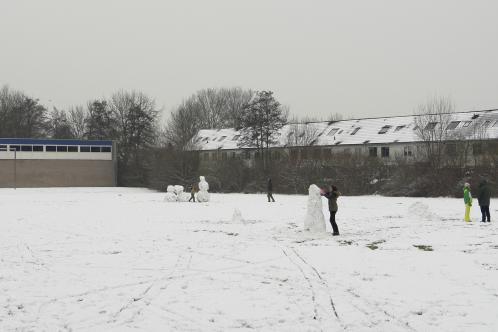 Een besneeuwd voetbalveld aan het Zuivelpad met meerdere sneeuwpoppen