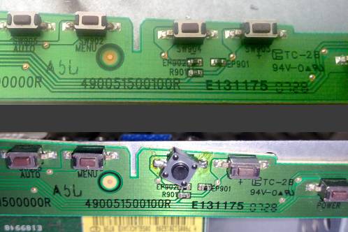 PCB with menu-buttons from Acer P223W, with original and replacement switch mounted diagonal