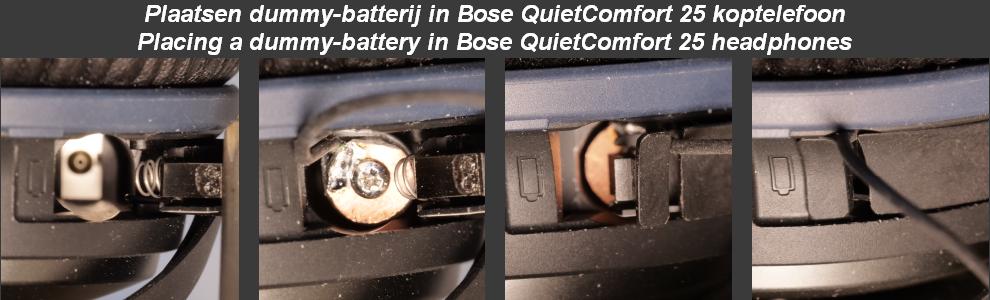Het plaatsen van een dummy-batterij in het batterijcompartiment van een Bose QuietComfort 25 koptelefoon