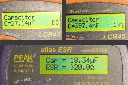 Capaciteit en ESR van een zeer slechte elco uit Medion 30919 PO gemeten op Peak Atlas apparatuur