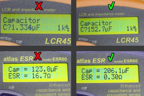 Capaciteit en ESR van een slechte elco uit Medion 30919 PO TFT scherm gemeten op Peak atlas apparatuur