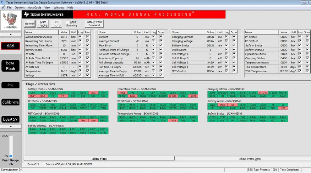 Een schermafdruk van de BQ-EVSW software met de data van een uitgelezen BQ20Z45 gas gauge