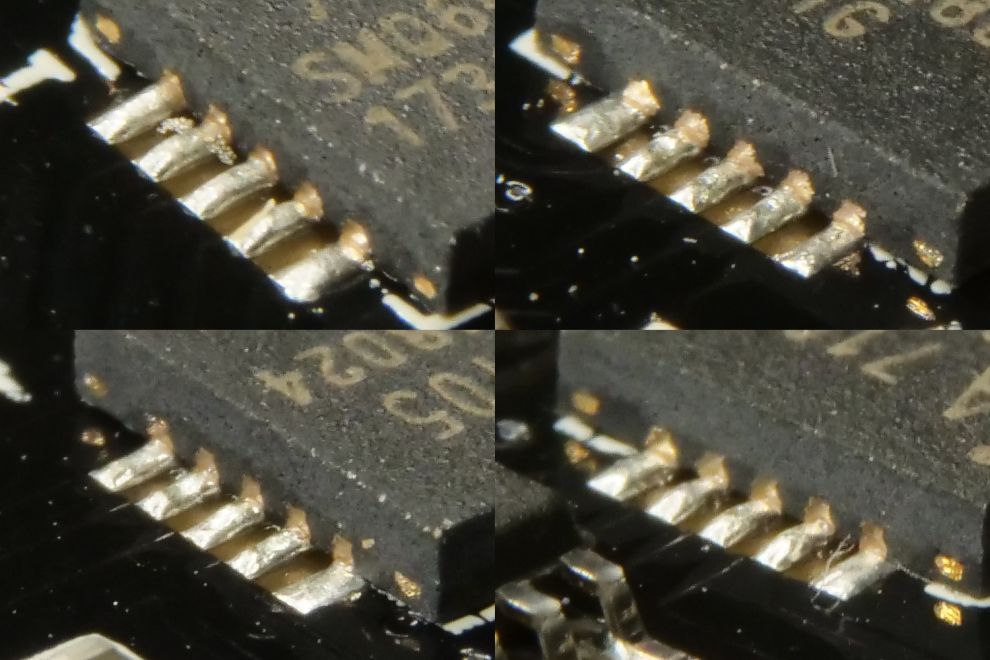 De zijkanten van een klein zwart IC (A7105) in QFN behuizing sterk uitvergroot, om te zien dat de soldeerverbindingen aan de zijkanten duidelijk niet geheel gevloeid zijn