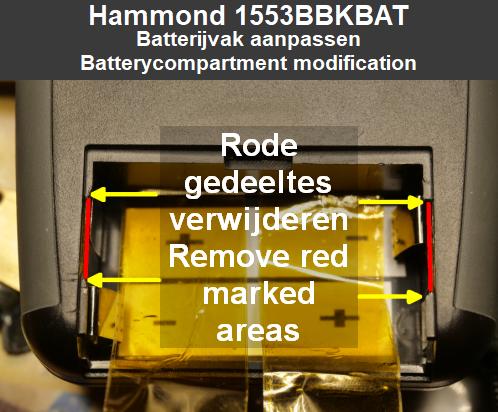 Een schematische weergave van de aan te passen gedeeltes in een Hammond 1553BBKBAT om de AA batterijen makkelijker te kunnen plaatsen