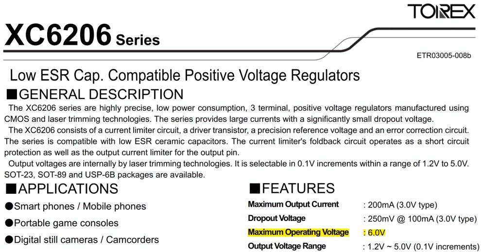 Zwarte tekst op een witte achtergrond, een schermafdruk van de tekst met belangrijkste technische specificaties uit het datablad van een XC6206 spanningsrelaar met lage spanningsval