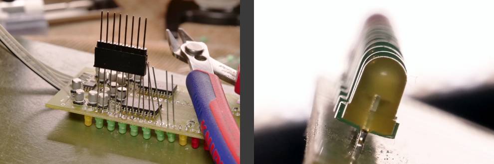 De VU-meter print van een Rodec BX mengpaneel met nieuwe LEDs gemonteerd in een header om ze recht te monteren en de netjes recht gemonteerde rij LEDs als resultaat