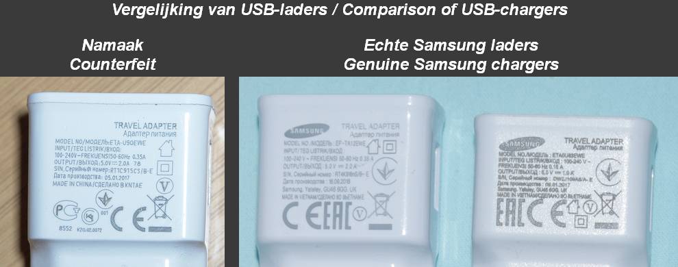 De namaak USB-lader links en 2 originele Samsung laders met elkaar vergeleken kwa uiterlijk