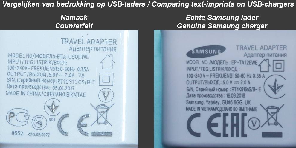 De slechts bedrukking op een namaak USB-lader en de goede op een originele Samsung met elkaar vergeleken