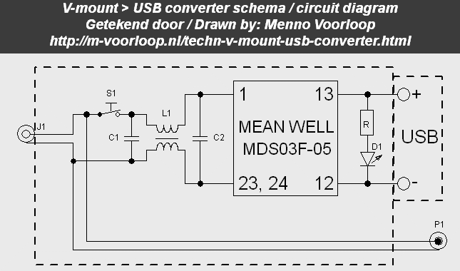 Een elektronisch schema voor een v-mount naar 5 Volt converter