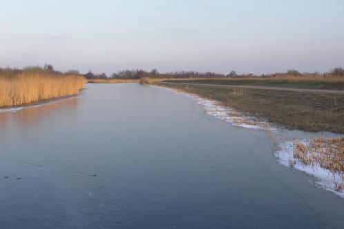 Staand op het ijs van de Ringvaart in het Twiske boven een wolkenloze hemel. Het ijs is prachtig zwart en glad. Aan weerskanten zijn witte plekken in het ijs zichtbaar door riet